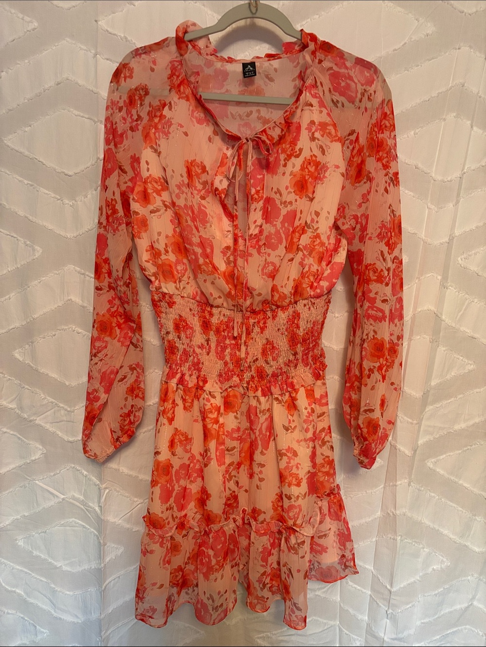 Sheer Floral Tie-Neck Mini Dress in Coral Peach